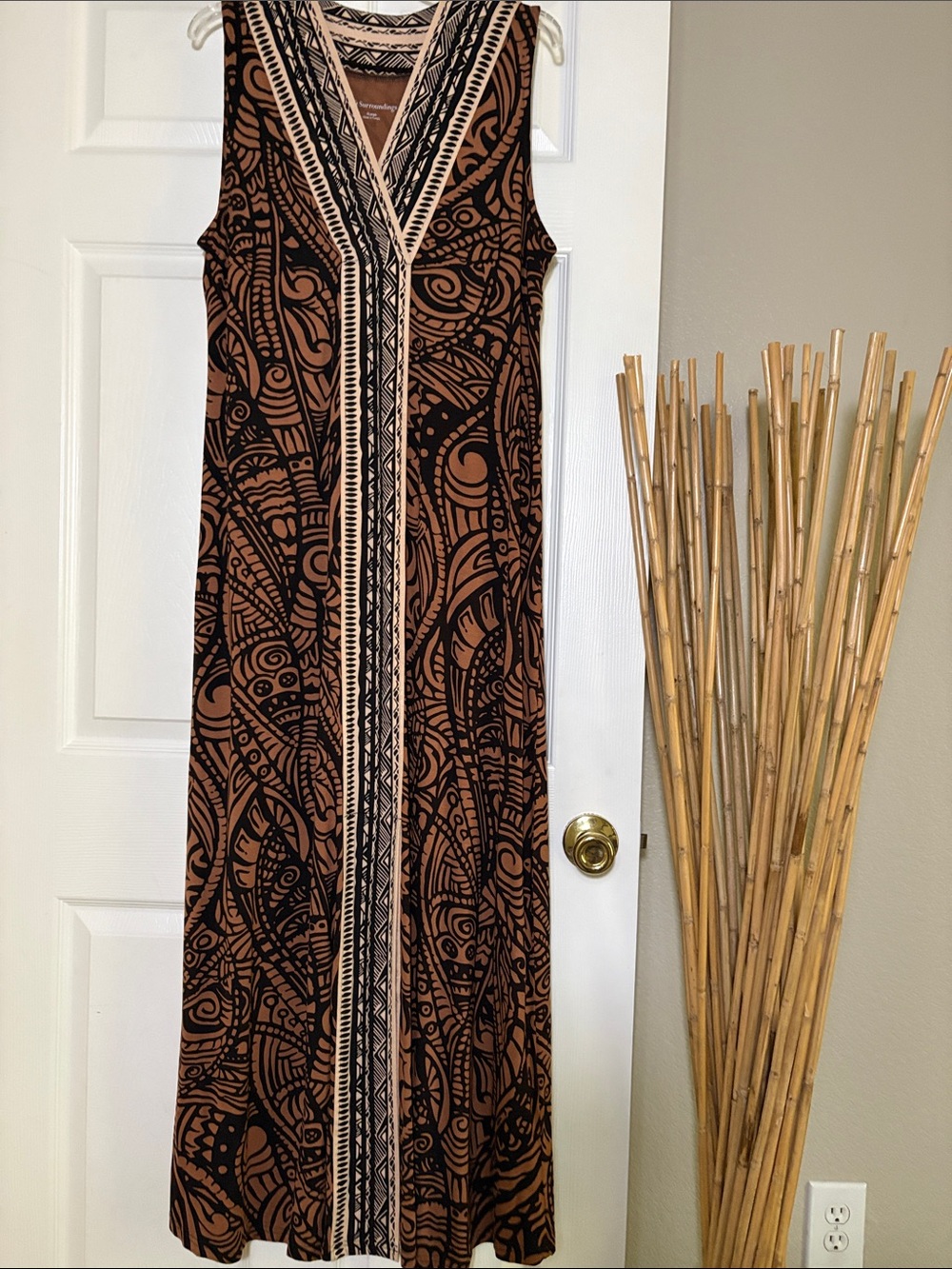 Soft Surroundings Brown and Black Tribal-Print Sleeveless V-Neck Maxi Dress
